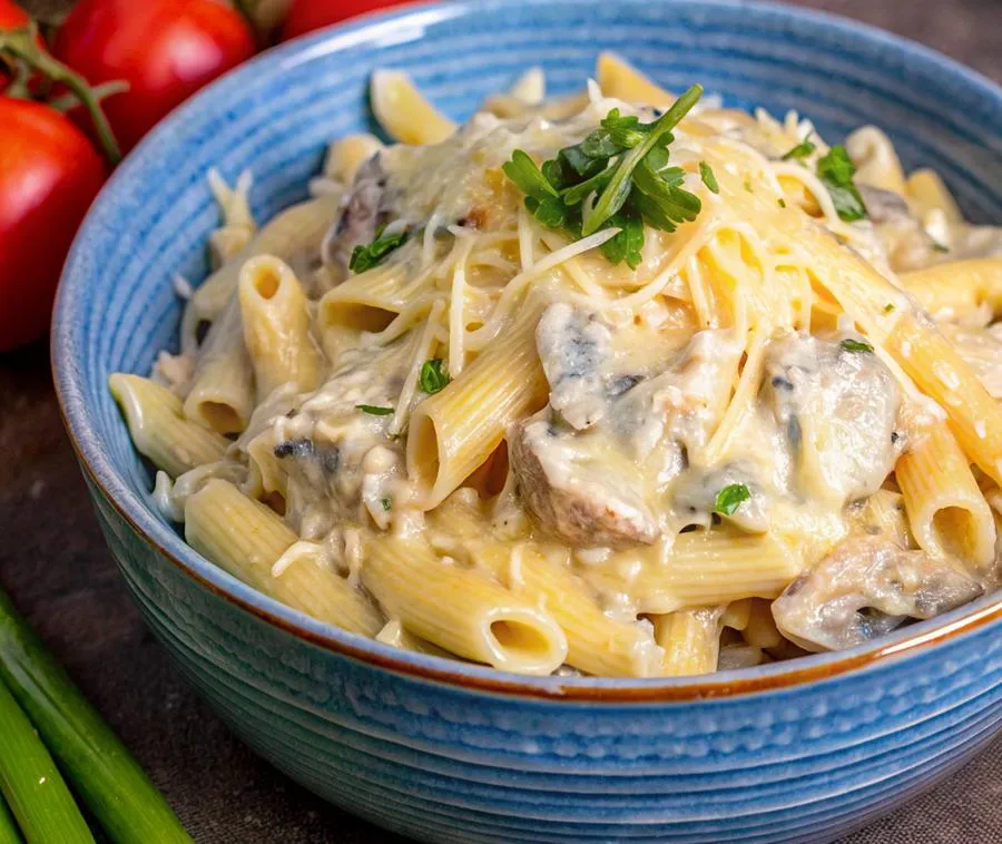 Пенне с курицей и грибами