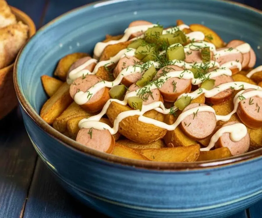 Картофель с куриной колбаской и грибным соусом