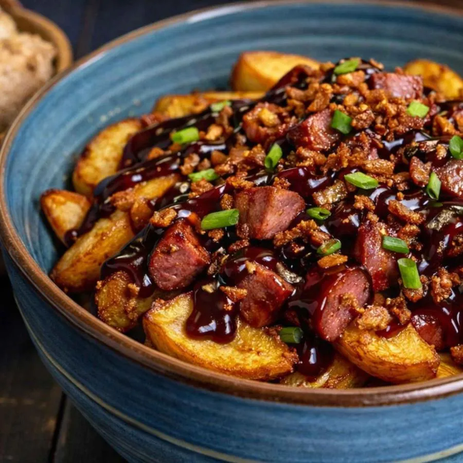 Картофель с мясной колбаской и брусничным демигласом